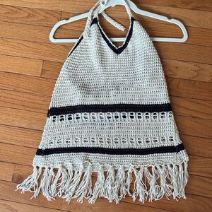 Vintage Havana Cream Crochet Halter Tank with Black Stripes